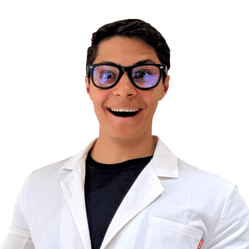 Tom smiling in a lab coat and glasses with a transparent background